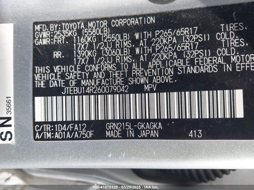2006 TOYOTA 4RUNNER VIN: JTEBU14R260079042
