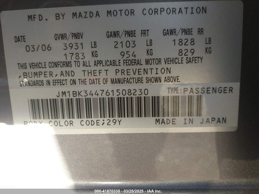 2006 MAZDA MAZDA3 VIN: JM1BK344761508230