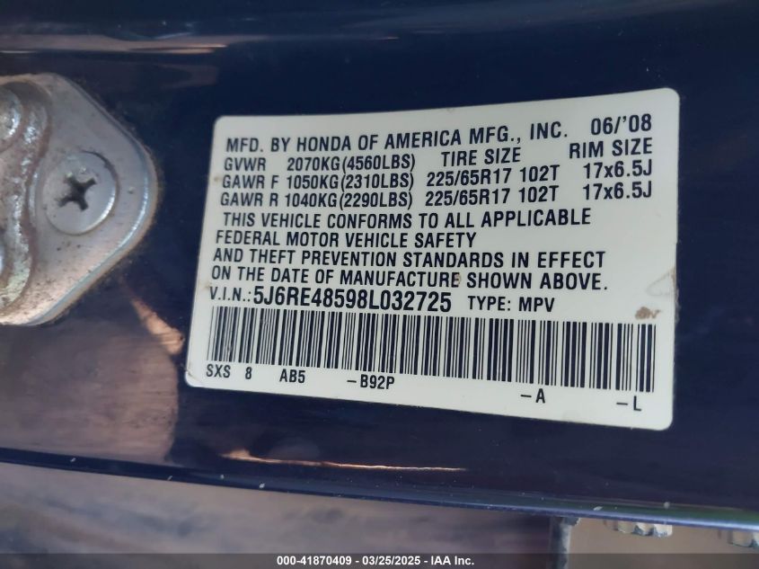 2008 Honda Cr-V Ex VIN: 5J6RE48598L032725 Lot: 41870409