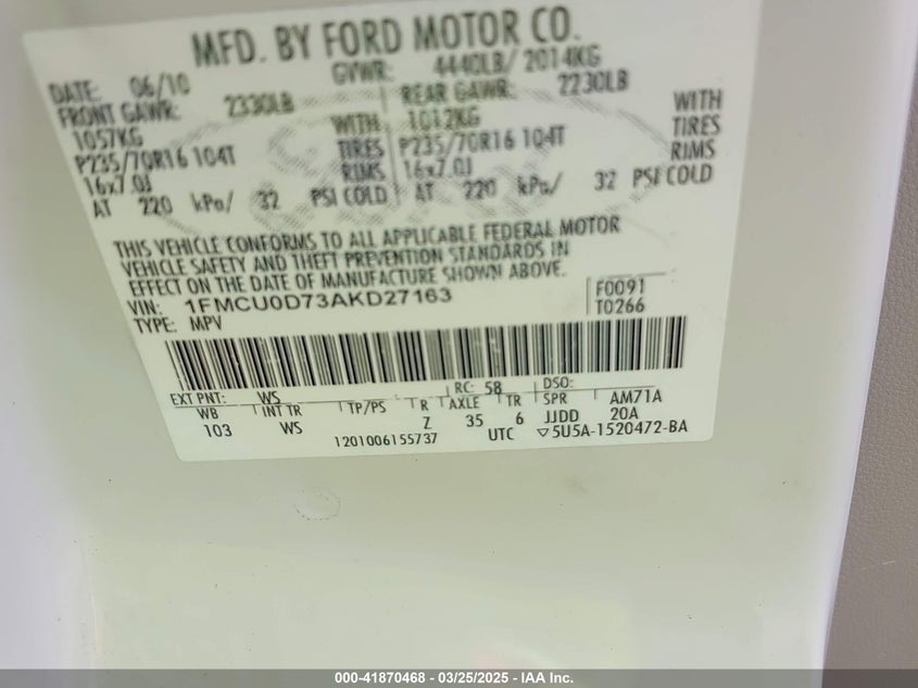2010 FORD ESCAPE VIN: 1FMCU0D73AKD27163