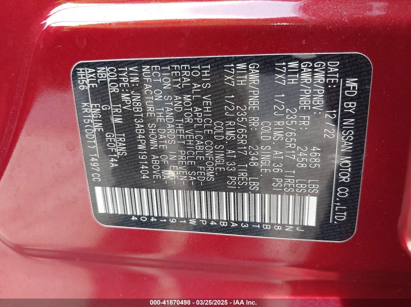 2023 NISSAN ROGUE VIN: JN8BT3AB4PW191404