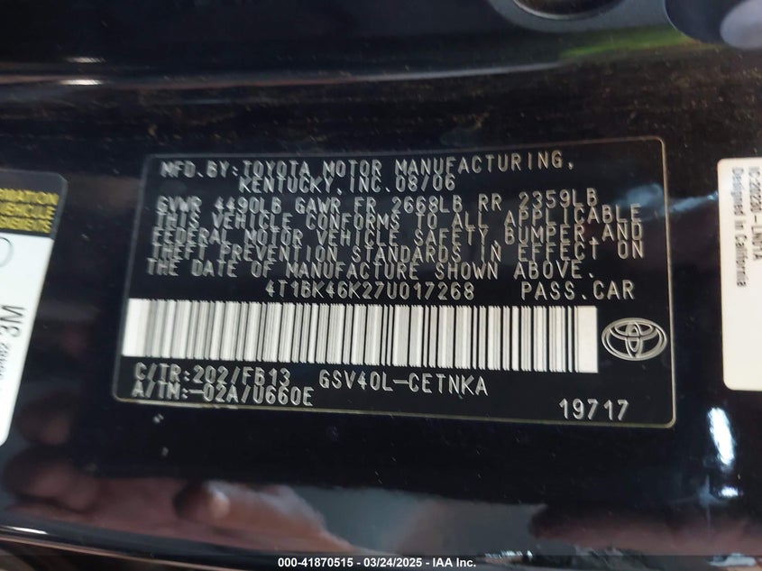 2007 TOYOTA CAMRY VIN: 4T1BK46K27U017268