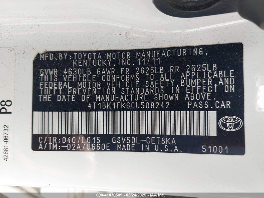 2012 TOYOTA CAMRY VIN: 4T1BK1FK6CU508242