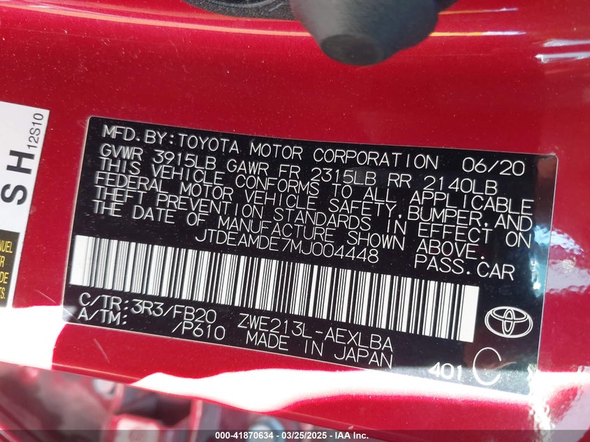 2021 TOYOTA COROLLA VIN: JTDEAMDE7MJ004448