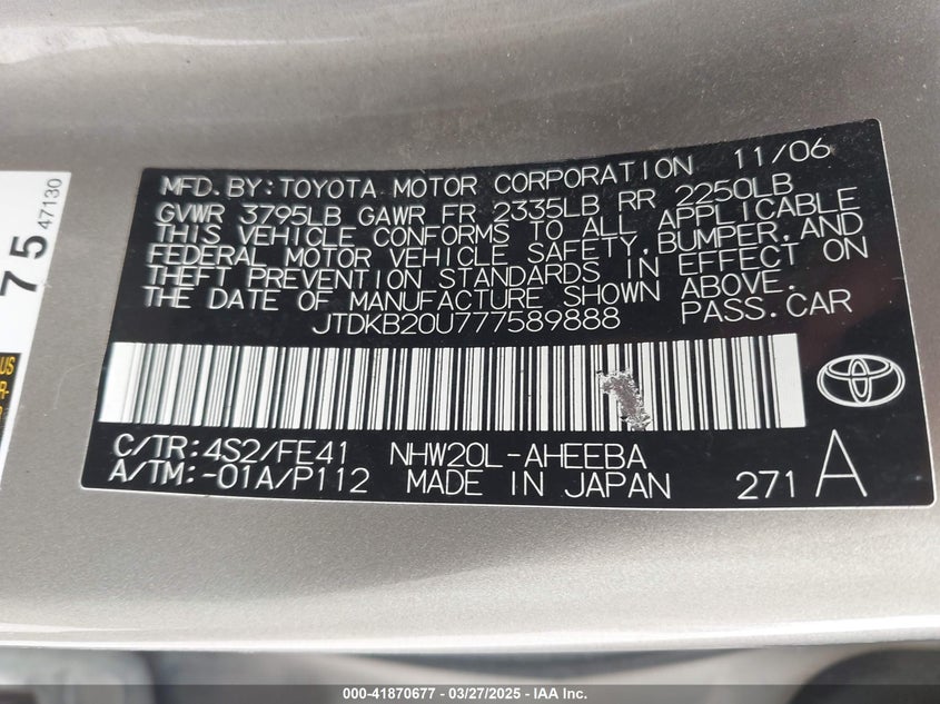 2007 TOYOTA PRIUS VIN: JTDKB20U777589888
