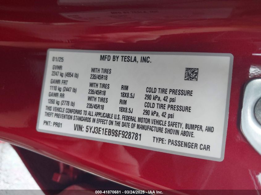 2025 Tesla Model 3 - 5YJ3E1EB9SF928781