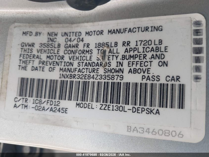 2004 Toyota Corolla S VIN: 1NXBR32E84Z335879 Lot: 41870685