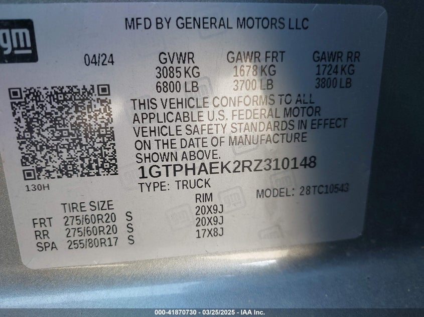 VIN 1GTPHAEK2RZ310148 2024 GMC SIERRA 1500 2WD  SHORT BOX PRO
