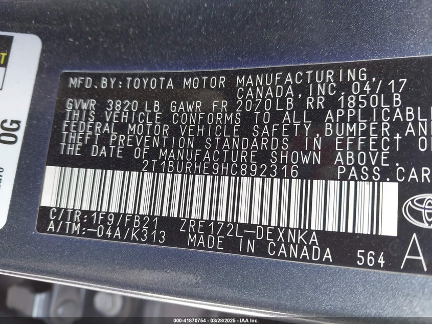 VIN 2T1BURHE9HC892316 2017 TOYOTA COROLLA L/LE/XLE/SE/XSE