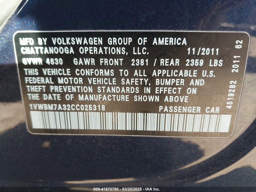 2012 VOLKSWAGEN PASSAT VIN: 1VWBM7A32CC025318