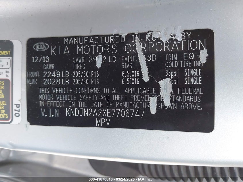 2014 Kia Soul VIN: KNDJN2A2XE7706747 Lot: 41870810