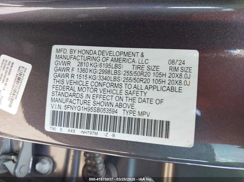 2025 HONDA PILOT VIN: 5FNYG1H95SB053594