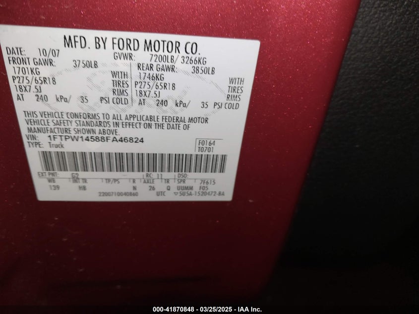 2008 FORD F150 VIN: 1FTPW14588FA46824