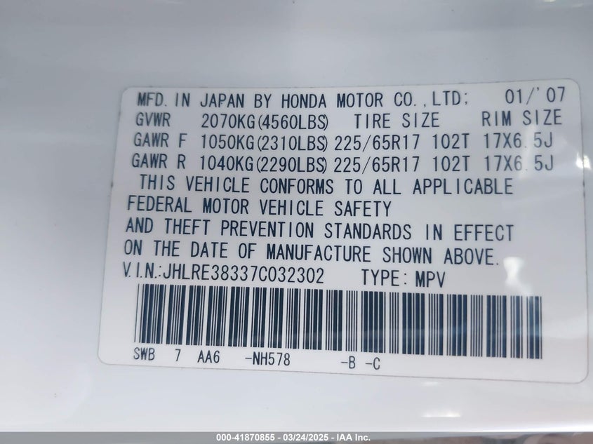 2007 HONDA CR-V VIN: JHLRE38337C032302