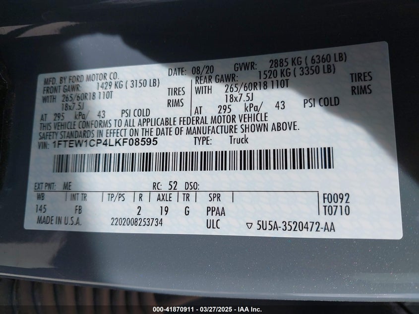 2020 FORD F-150 VIN: 1FTEW1CP4LKF08595