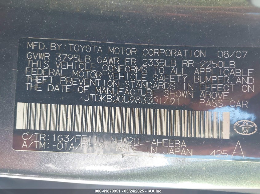 2008 TOYOTA PRIUS VIN: JTDKB20U983301491
