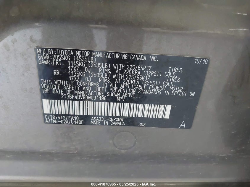 2011 TOYOTA RAV4 VIN: 2T3BF4DV8BW091196
