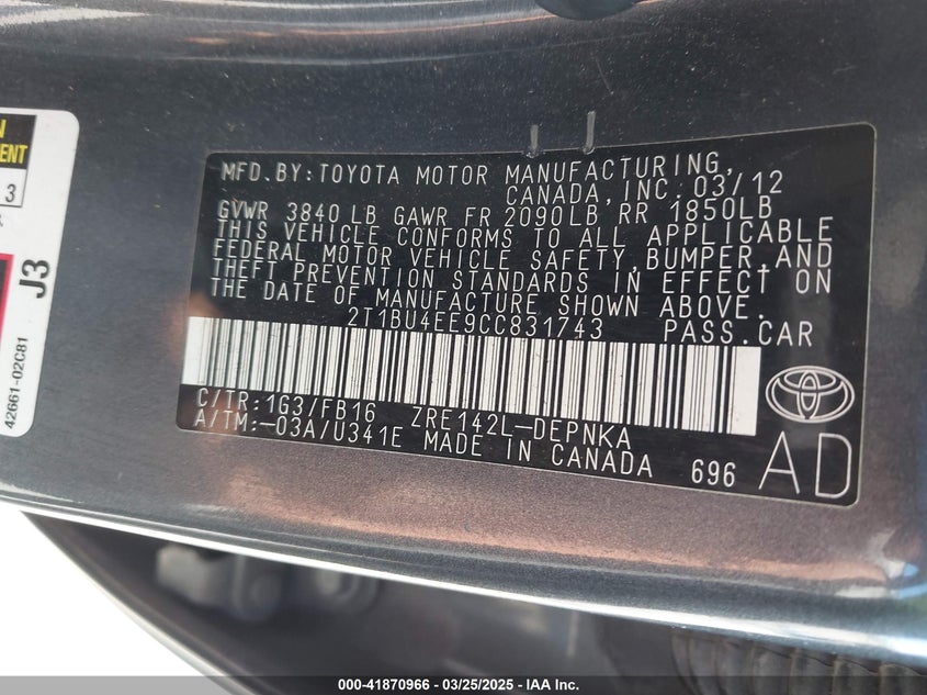 2012 TOYOTA COROLLA VIN: 2T1BU4EE9CC831743