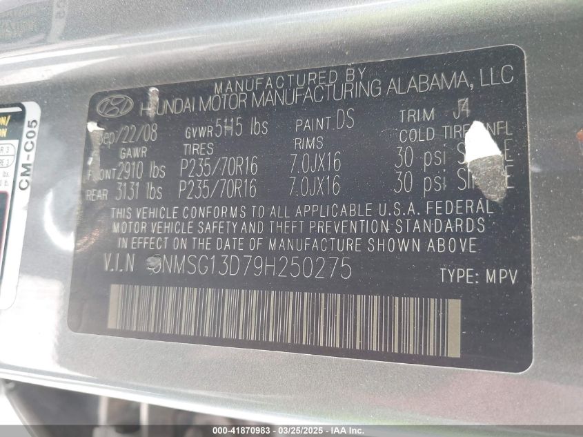 2009 Hyundai Santa Fe Gls VIN: 5NMSG13D79H250275 Lot: 41870983