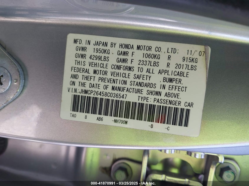 2008 HONDA ACCORD VIN: JHMCP26458C036547