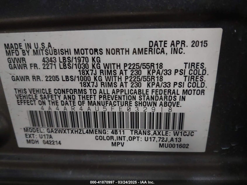 2015 MITSUBISHI OUTLANDER SPORT SE - 4A4AR4AU5FE032918