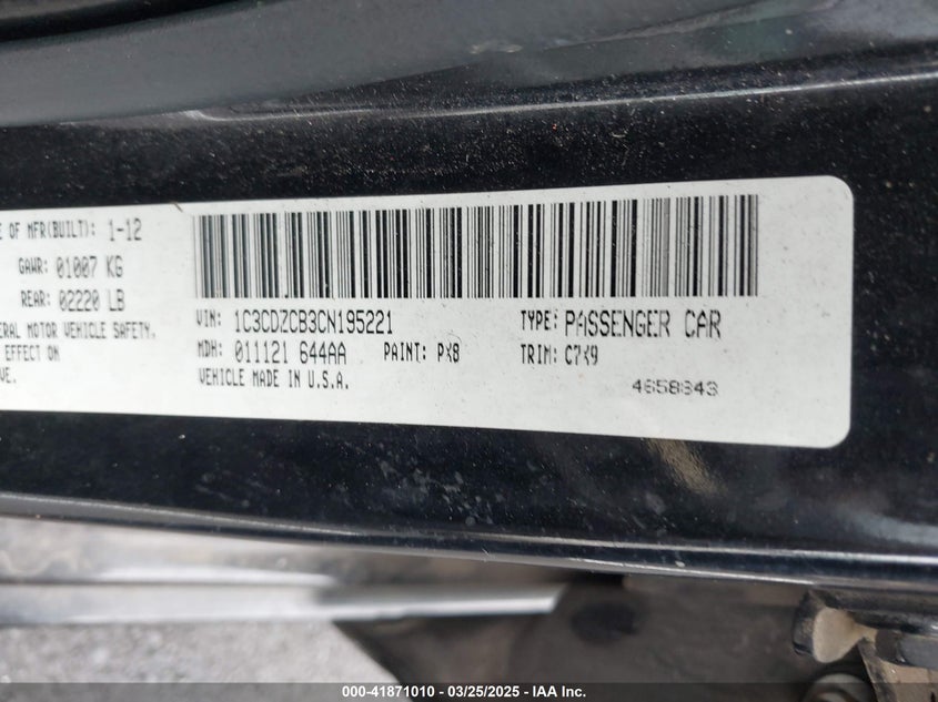 2012 DODGE AVENGER VIN: 1C3CDZCB3CN195221