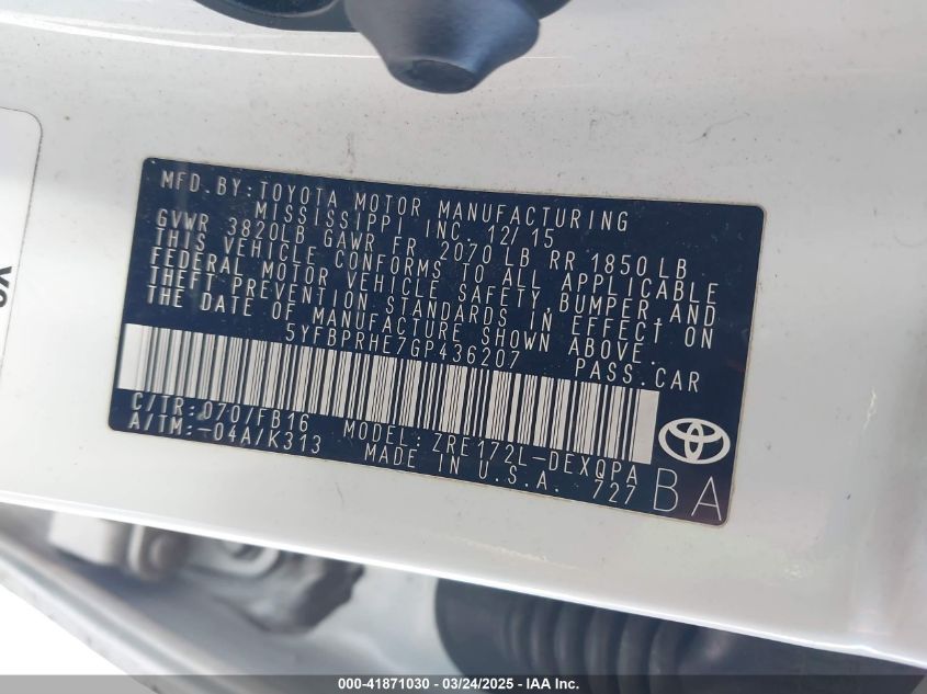 2016 Toyota Corolla Le Eco VIN: 5YFBPRHE7GP436207 Lot: 41871030