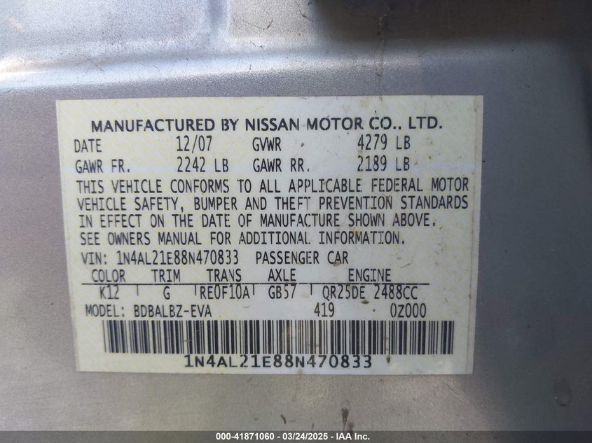 2008 NISSAN ALTIMA VIN: 1N4AL21E88N470833