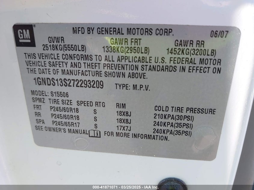2007 CHEVROLET TRAILBLAZER VIN: 1GNDS13S272293209