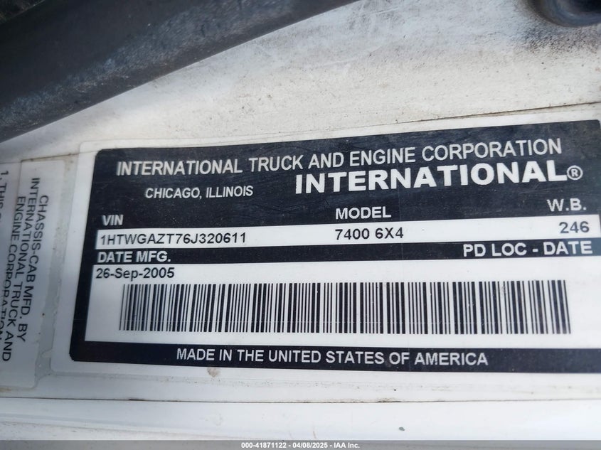 2006 International 7000 7400 VIN: 1HTWGAZT76J320611 Lot: 41871122