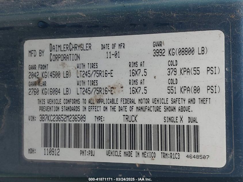 2002 Dodge Ram 2500 St VIN: 3B7KC23652M236509 Lot: 41871171