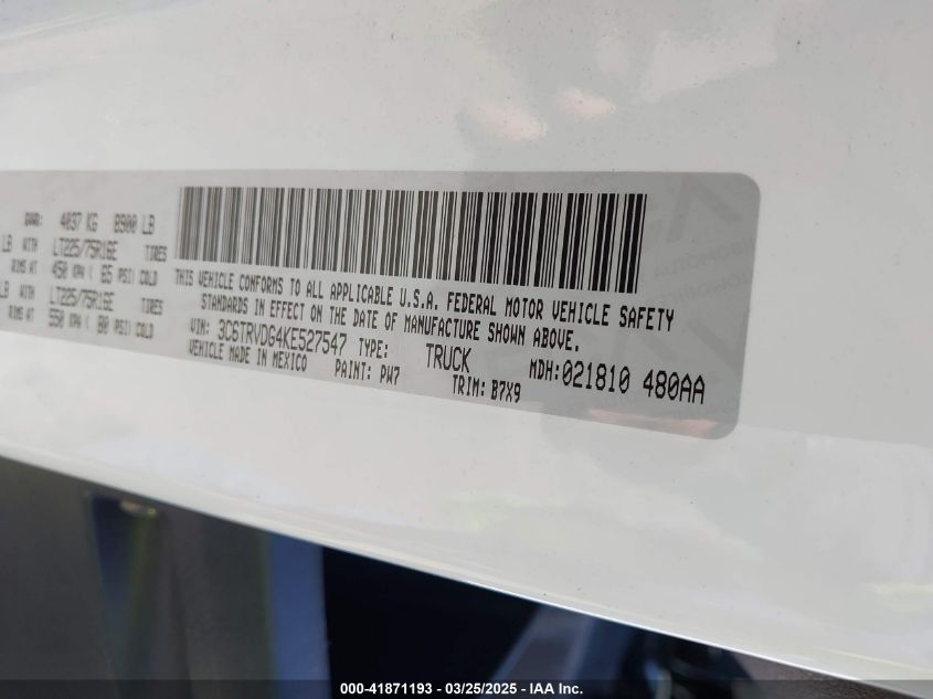 2019 Ram Promaster 2500 High Roof 159 Wb VIN: 3C6TRVDG4KE527547 Lot: 41871193