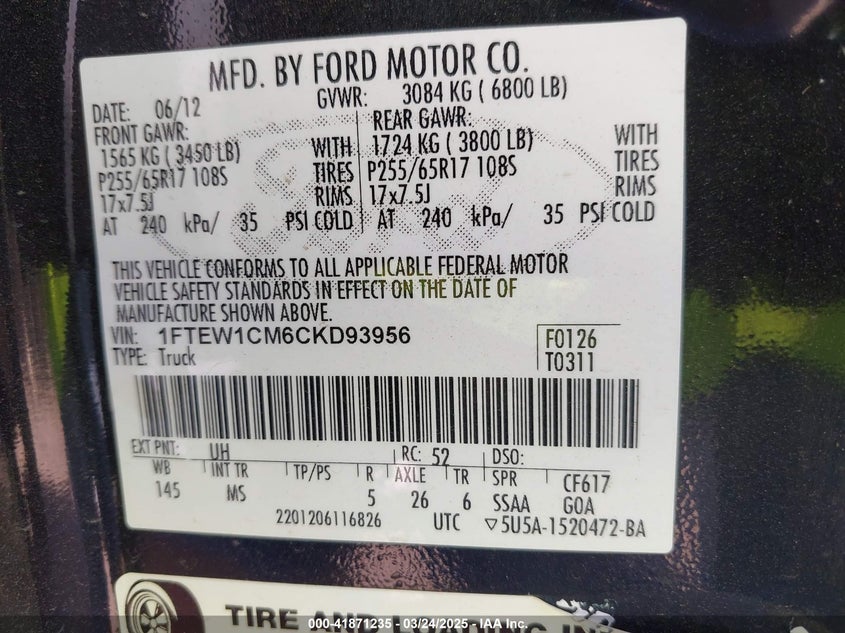 2012 Ford F-150 Xlt VIN: 1FTEW1CM6CKD93956 Lot: 41871235