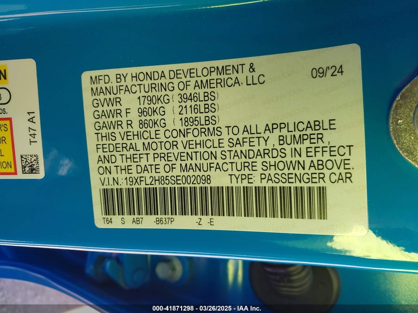 VIN 19XFL2H85SE002098 2025 HONDA CIVIC SPORT