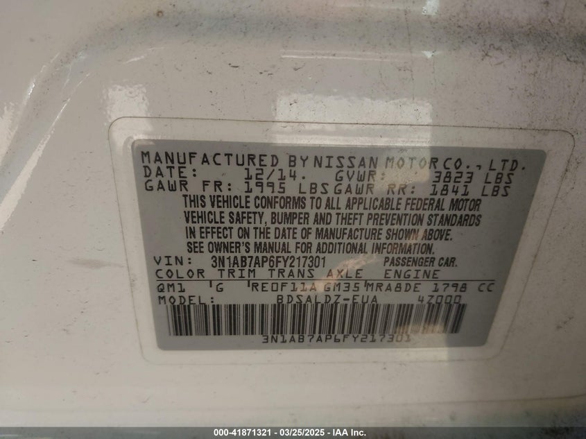 2015 NISSAN SENTRA VIN: 3N1AB7AP6FY217301