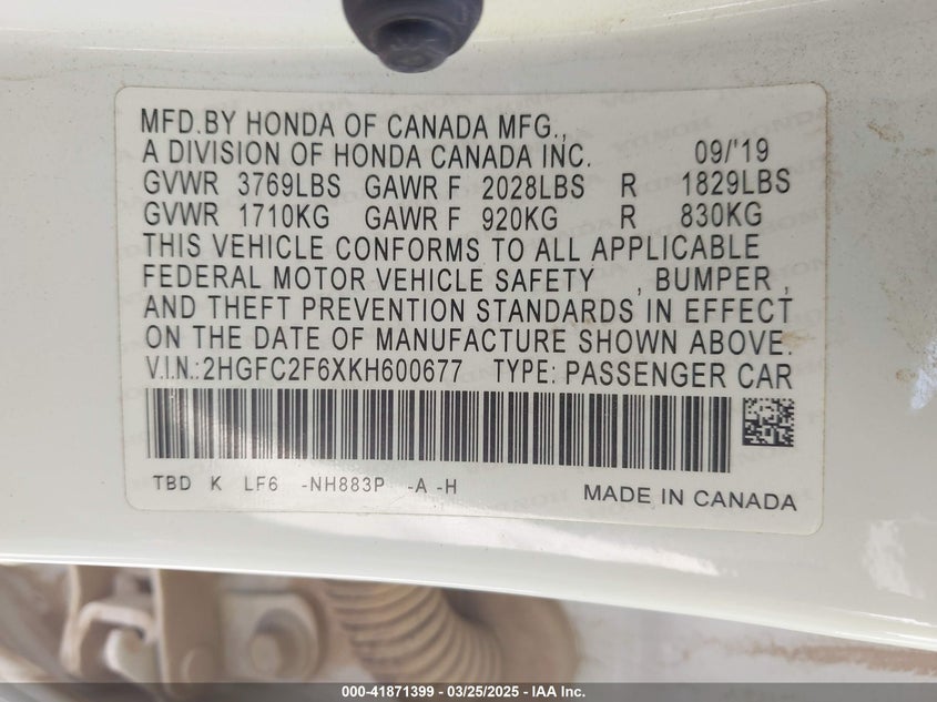 2019 HONDA CIVIC VIN: 2HGFC2F6XKH600677