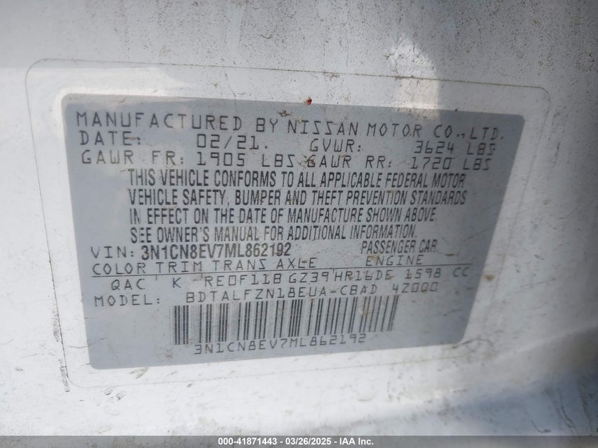 2021 NISSAN VERSA VIN: 3N1CN8EV7ML862192