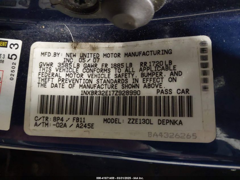 2007 Toyota Corolla Le VIN: 1NXBR32E17Z928990 Lot: 41871459