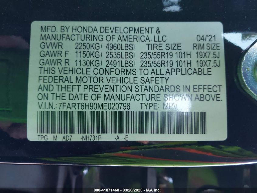 2021 Honda Cr-V Hybrid Touring VIN: 7FART6H90ME020796 Lot: 41871460