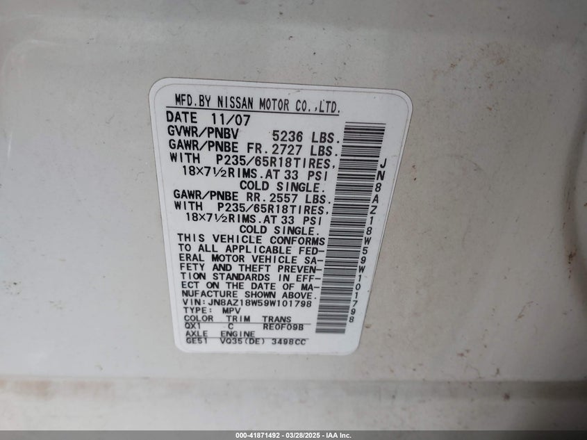 2009 NISSAN MURANO VIN: JN8AZ18W59W101798
