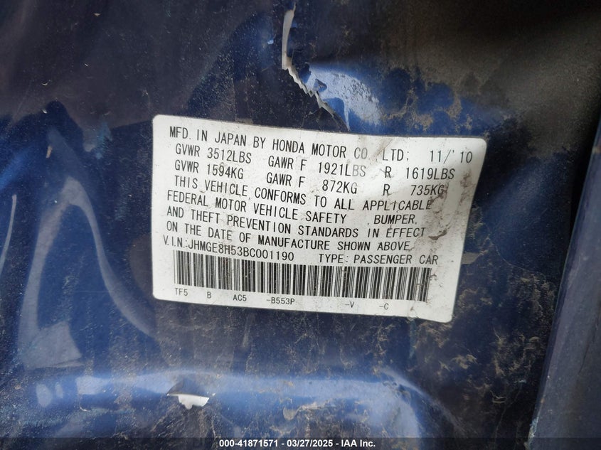 2011 HONDA FIT VIN: JHMGE8H53BC001190
