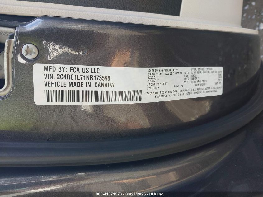 2022 Chrysler Pacifica Hybrid Touring L VIN: 2C4RC1L71NR173598 Lot: 41871573