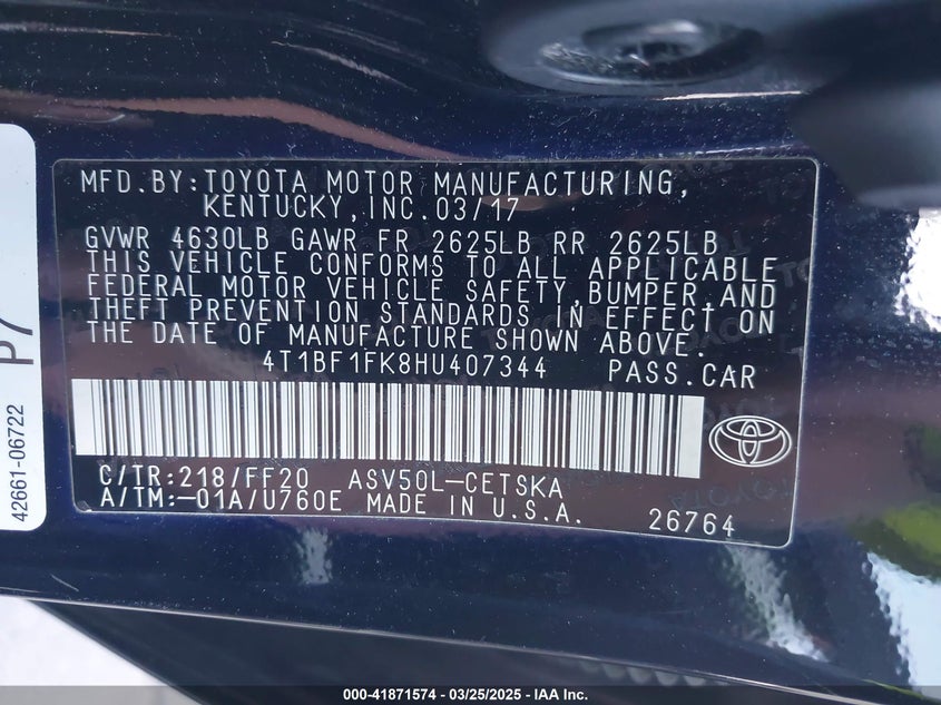 2017 TOYOTA CAMRY VIN: 4T1BF1FK8HU407344