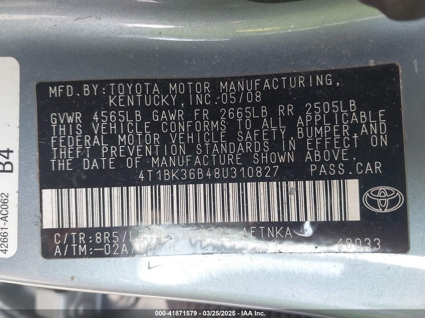 2008 TOYOTA AVALON VIN: 4T1BK36B48U310827
