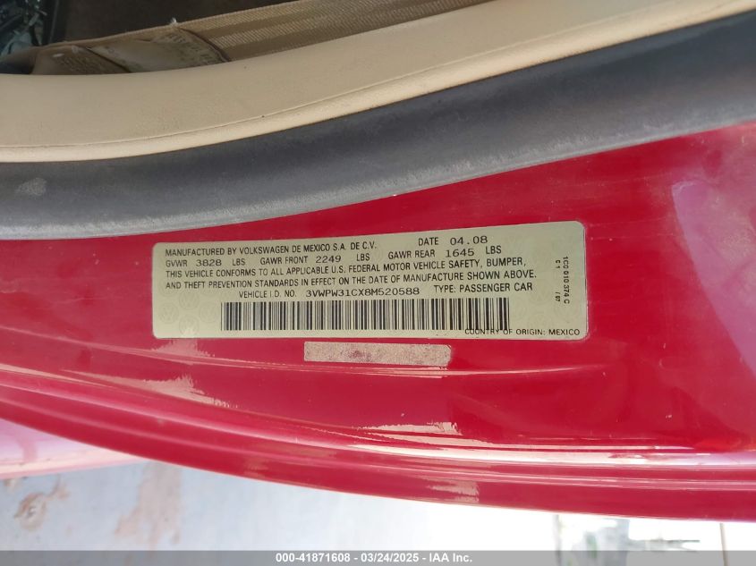 2008 Volkswagen New Beetle S VIN: 3VWPW31CX8M520588 Lot: 41871608