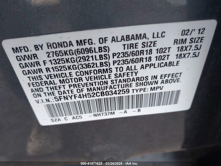 2012 HONDA PILOT VIN: 5FNYF4H52CB034259