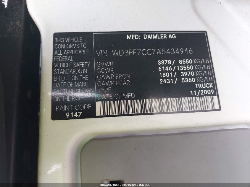 2010 Mercedes-Benz Sprinter Van 2500 VIN: WD3PE7CC7A5434946 Lot: 41871656