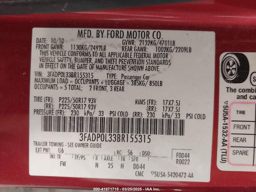 2011 FORD FUSION HYBRID VIN: 3FADP0L33BR155315