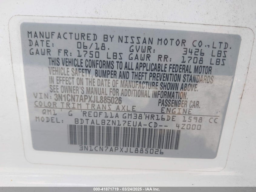 2018 NISSAN VERSA 1.6 SV - 3N1CN7APXJL885026