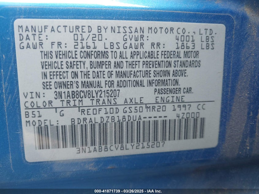 2020 NISSAN SENTRA VIN: 3N1AB8CV8LY215207
